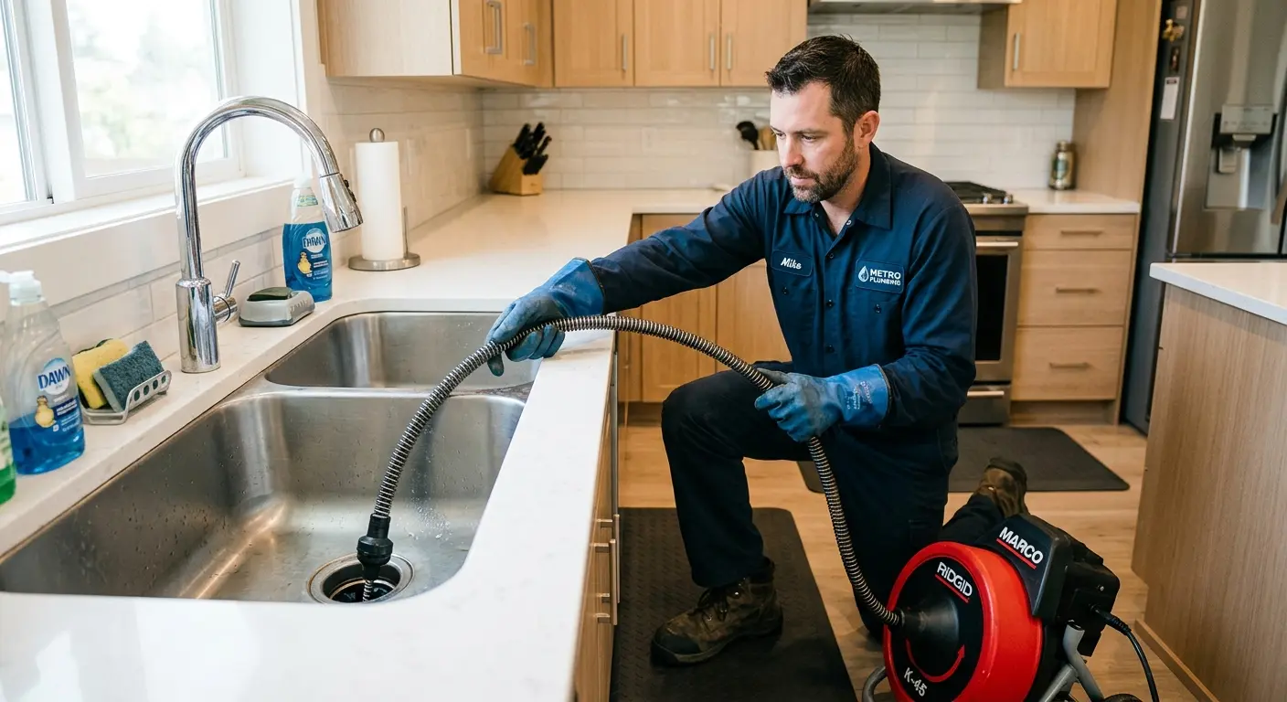 Drain cleaning technician using a motorized snake on a kitchen sink in Tuba City
