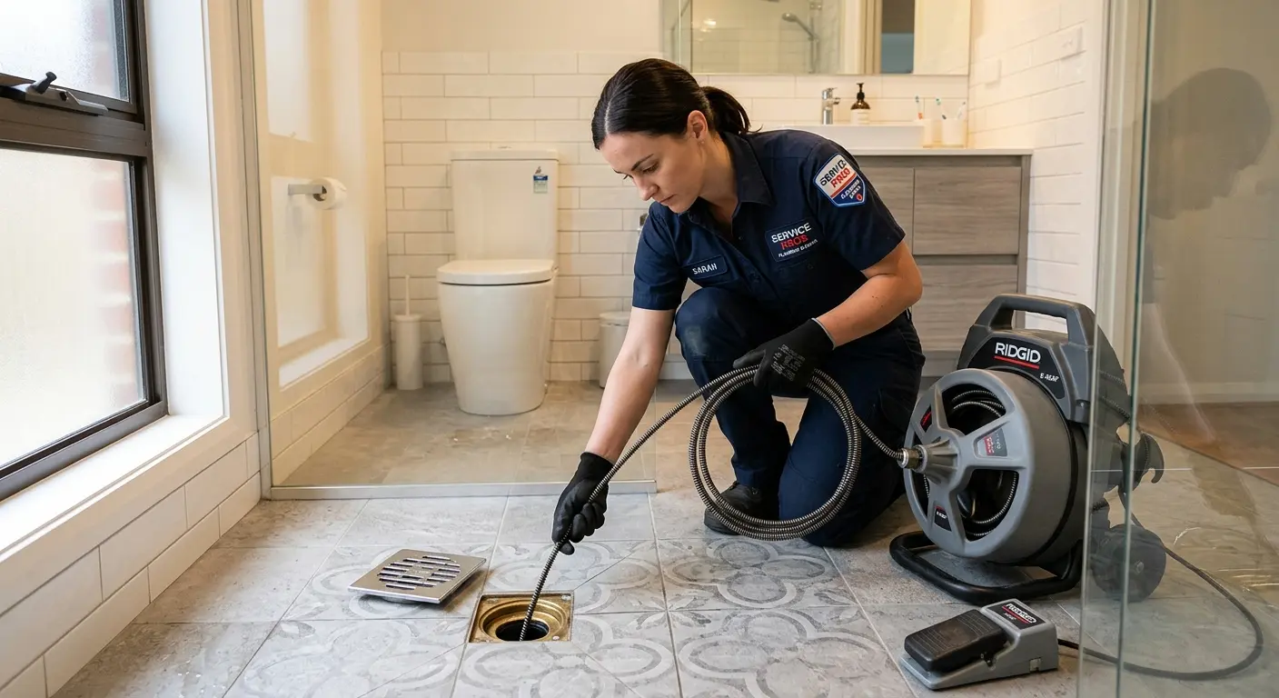 Technician clearing a bathroom floor drain for Sewer Line Replacement in Tuba City